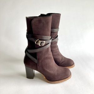 Tory Burch Brown Leather Mid Calf Strappy Heeled Boots